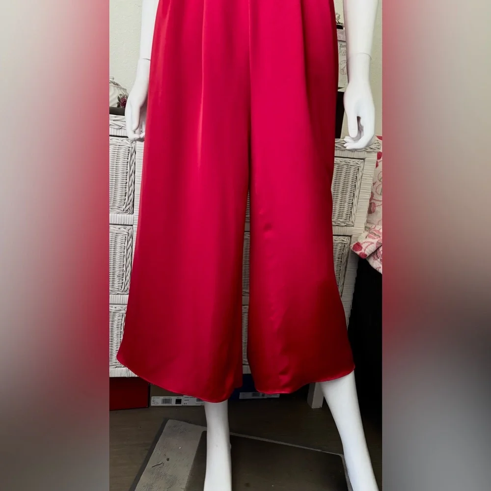 Gal Meets Glam Carmen One Shoulder Jumpsuit Large Red Bow Wide Gaucho Leg Size 4